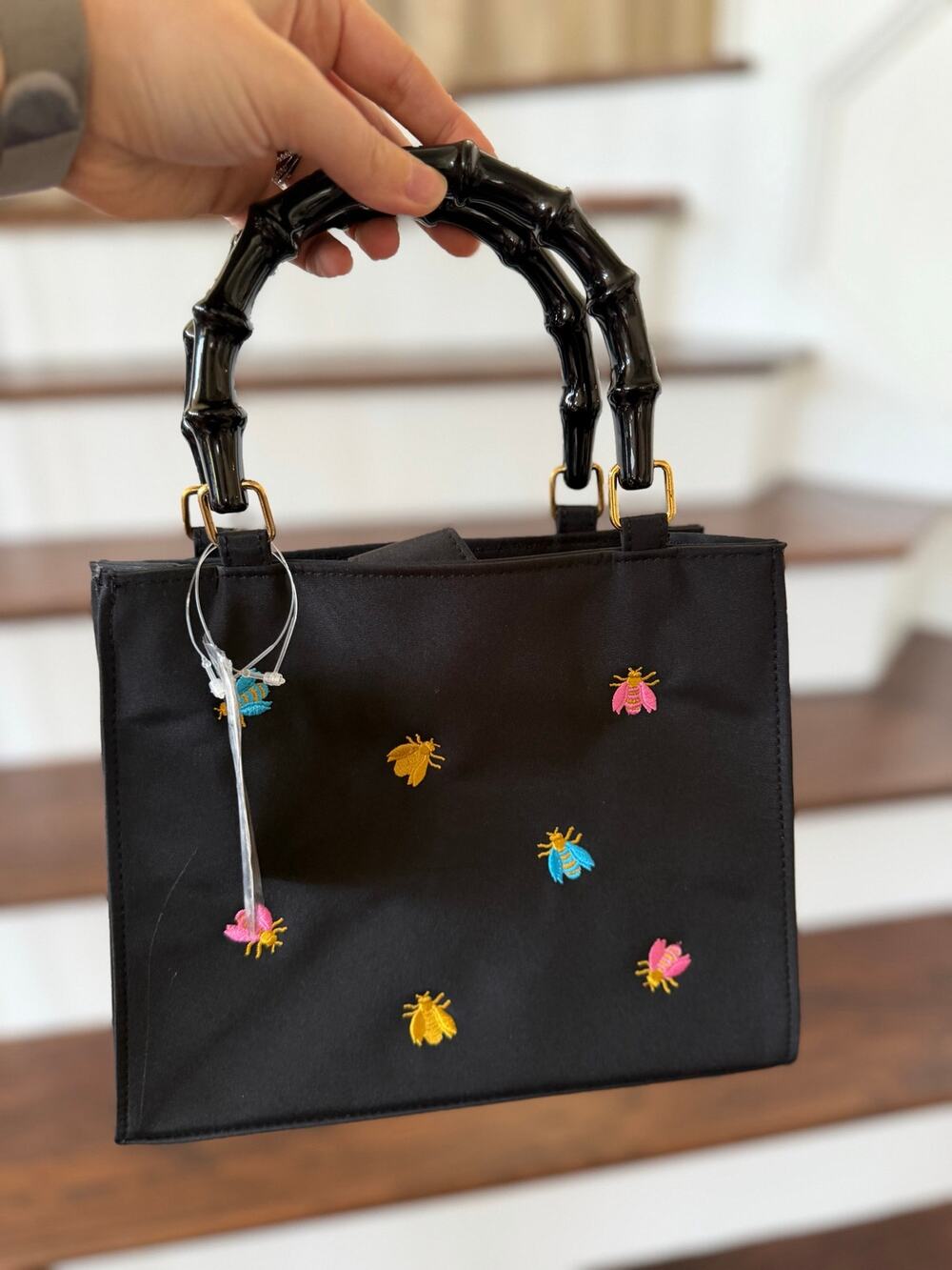 NWT Vintage Y2K Black Bamboo Handle Pink Yellow Blue Embroidered Bee Bag